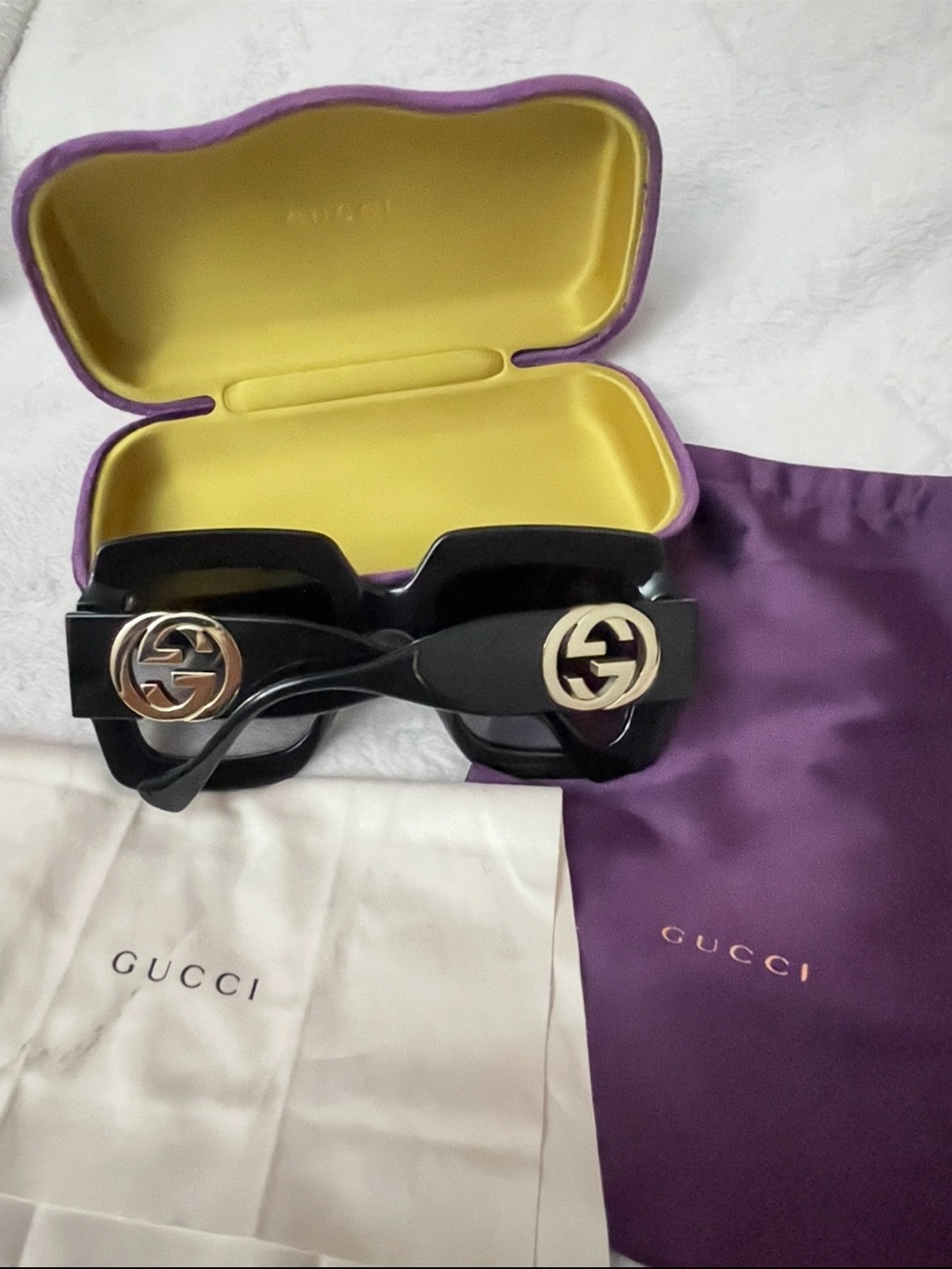 Gucci Black Square Sunglasses with Gold GG Medallions